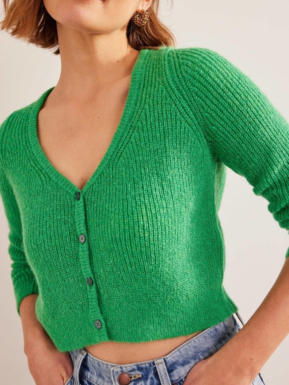 Boden Green Fluffy Cropped‎ Cardigan Alpaca Wool Blend Button Front Size XS
